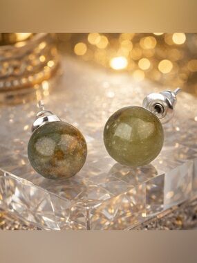 Indian Agate Stud Earrings 8.5mm Natural Stone Green Earth Tone Jewelry